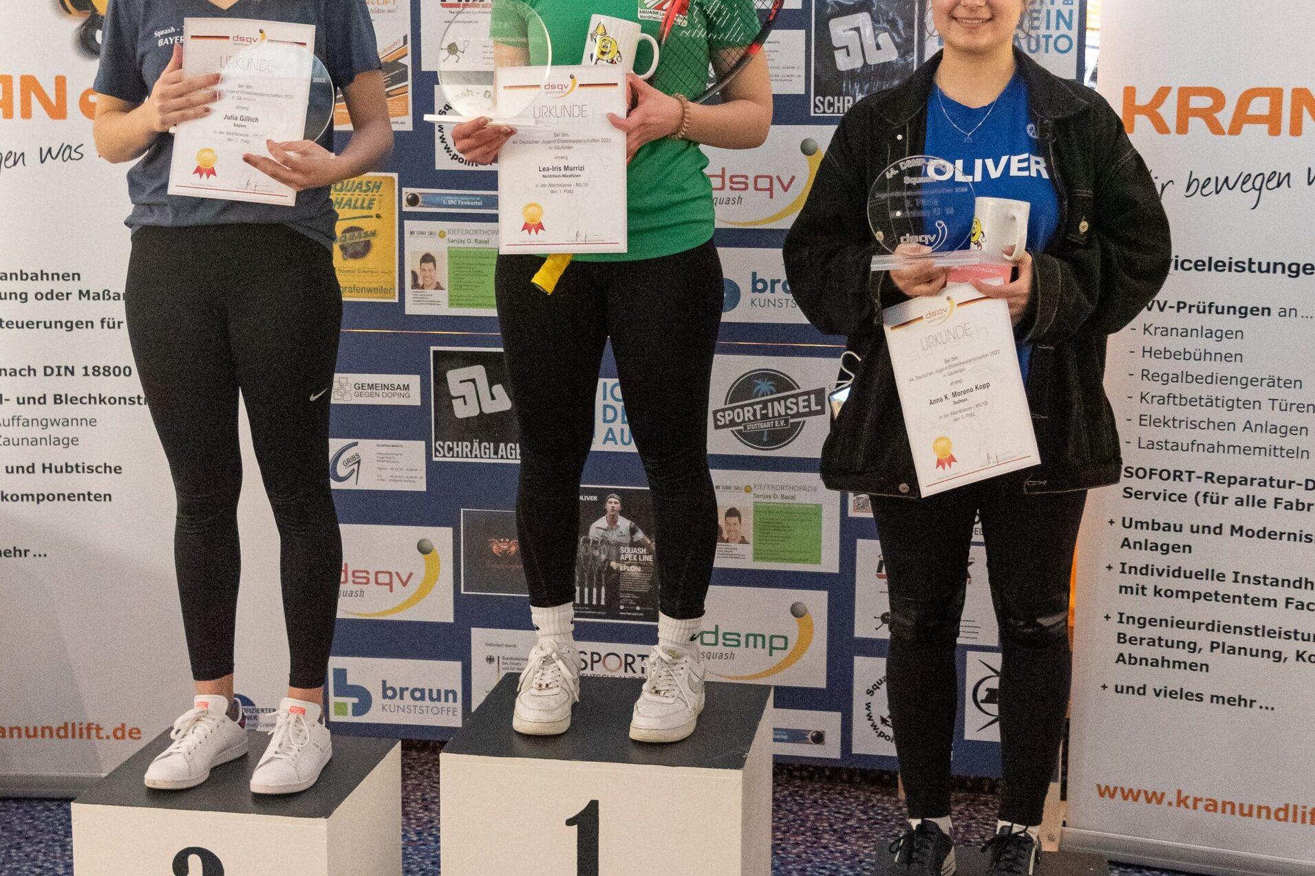 Das U19-Podest der M&auml;dchen: Julia Gillich, Lea-Iris Murrizi und Anna Karina Moreno Kopp (v.l.n.r.) - Bild: Thomas Z&uuml;fle