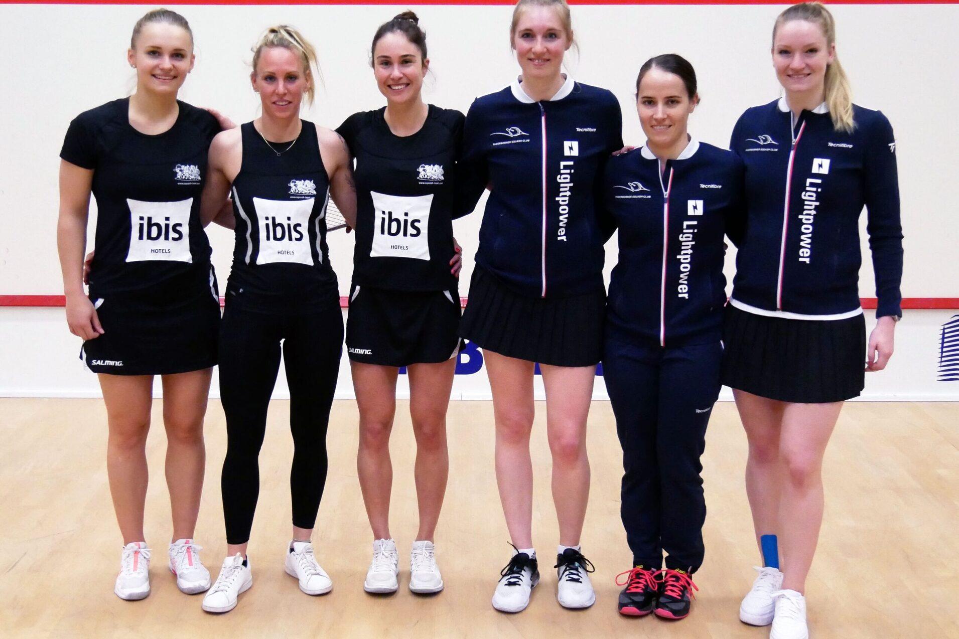 Die Finalpaarung zwischen Katerina Tycova, Sharon Sinclair, Nele Gilis (alle Frankfurt), Franziska Hennes, Milou van der Heijden und Saskia Beinhard (alle Paderborn, v.l.n.r.) - Bild: DSQV - Lennard Jessen