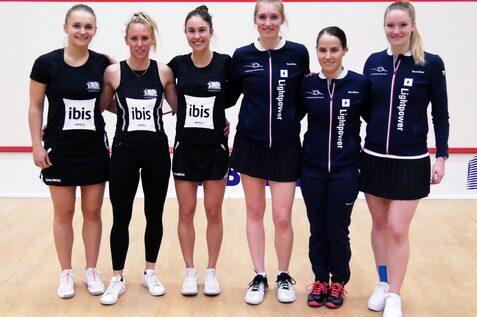Die Finalpaarung zwischen Katerina Tycova, Sharon Sinclair, Nele Gilis (alle Frankfurt), Franziska Hennes, Milou van der Heijden und Saskia Beinhard (alle Paderborn, v.l.n.r.) - Bild: DSQV - Lennard Jessen
