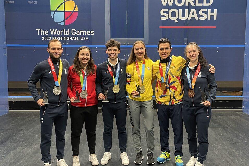 Die Medaillen bei den World Games 2022 in der Sportart Squash gingen an: Gregoire Marche, Lucy Beecroft, Victor Crouin, Tinne Gilis, Miguel Rodriguez und Coline Aumard (v.l.n.r.) - Bild: WSF / TWG 2022