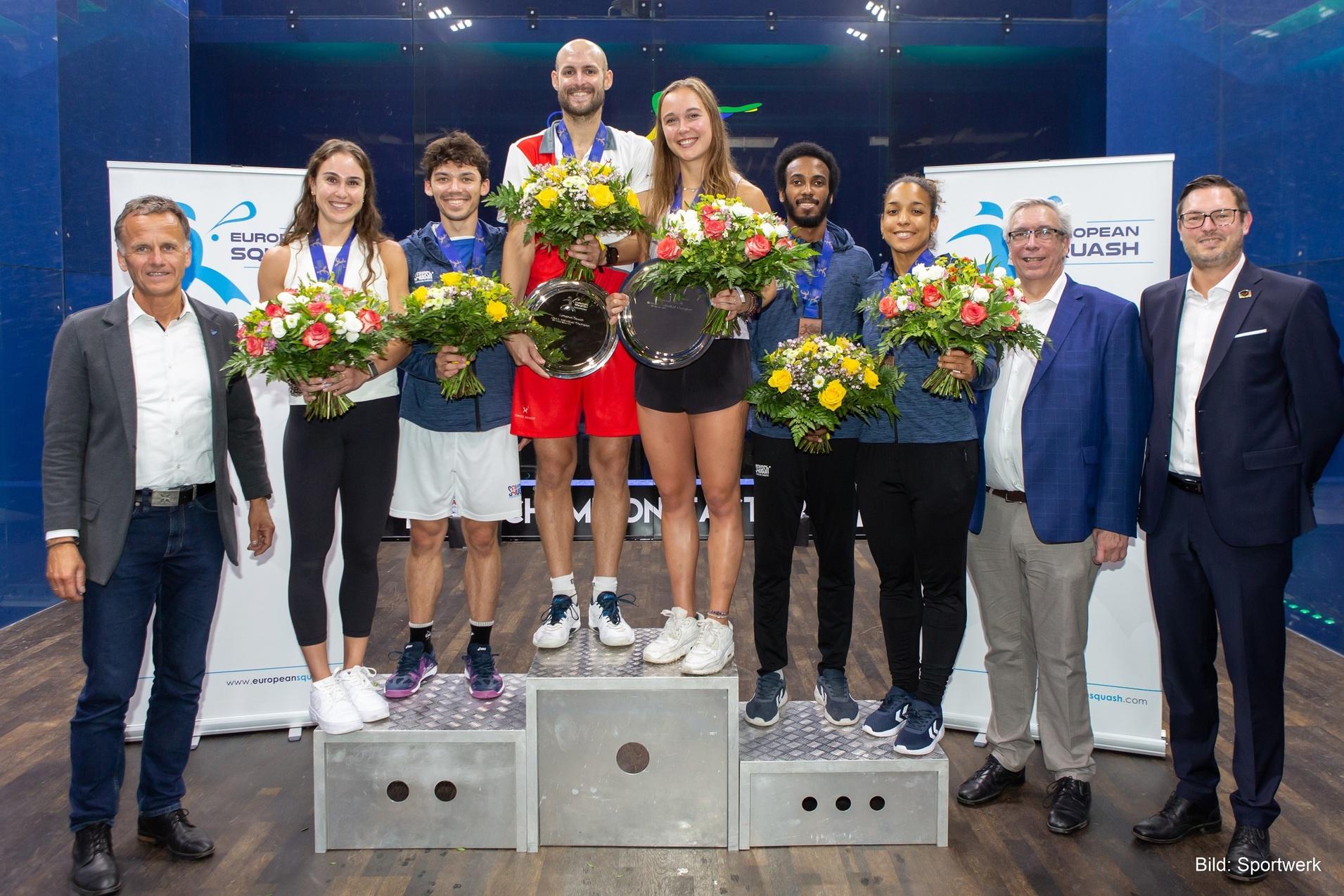 V.l.n.r.: Christoph Holstein, Staatsrat der Behörde für Inneres und Sport der Freien und Hansestadt Hamburg, Nele Gilis, Victor Crouin, Nicolas Müller, Tinne Gilis, Sébastien Bonmalais, Melissa Alves, ESF-Präsident Thomas Troeds