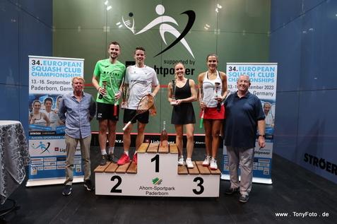 V.l.n.r.: Andreas Dirkes (2. Vorsitzender Paderborner SC), Viktor Byrtus, Raphael Kandra, Alicia Mead, Marta Dombinguez und Andreas Preising (1. Vorsitzender Paderborner SC) - Bild: www.tonyfoto.de