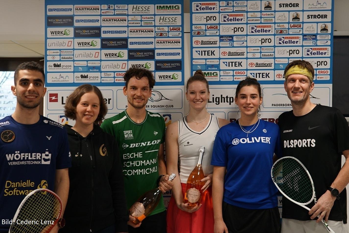 Die Podestplatzierten in Paderborn (v.l.n.r.): Amir Samimi, Eva Nistler, Valentin Rapp, Saskia Beinhard, Maya Weishar, Heiko Schwarzer - Bild: Cederic Lenz
