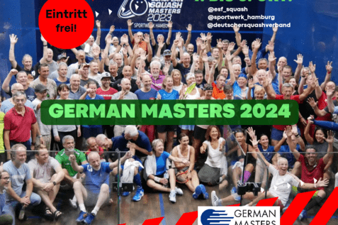 Bei den German Masters 2024 werden viele Squashmasters erwartet - Bild (Archivfoto der Masters EM 2023 in Hamburg) - DSQV - Lennard Jessen