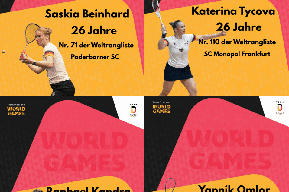 Der DSQV wird bei den World Games in Chengdu/China durch Saskia Beinhard, Katerina Tycova, Raphael Kandra und Yannik Omlor vertreten - Grafik: Team Deutschland, Bilder: DSQV