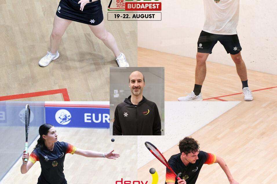 Saskia Beinhard, Maya Weishar, Valentin Rapp und Raphael Kandra vertreten Deutschland bei der Einzel EM 2026 in Budapest und werden dabei von Bundestrainer Simon R&ouml;sner betreut - Bilder: DSQV - Lennard Jessen