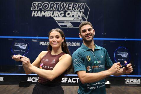 Jasmine Hutton (li) und Aly Abou Eleinen gewannen die Sportwerk Hamburg Open 2026 - Bild: DSQV - Lennard Jessen