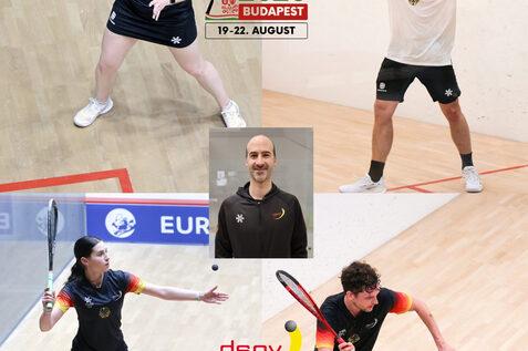Saskia Beinhard, Maya Weishar, Valentin Rapp und Raphael Kandra vertreten Deutschland bei der Einzel EM 2026 in Budapest und werden dabei von Bundestrainer Simon R&ouml;sner betreut - Bilder: DSQV - Lennard Jessen